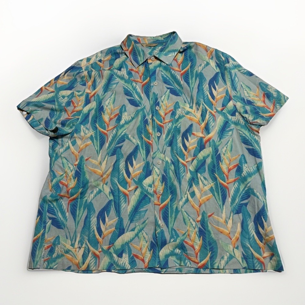 Paradise Collection Silk‎ Tropical Hawaiian Shirt Men's XXL Teal Heliconia Leaf